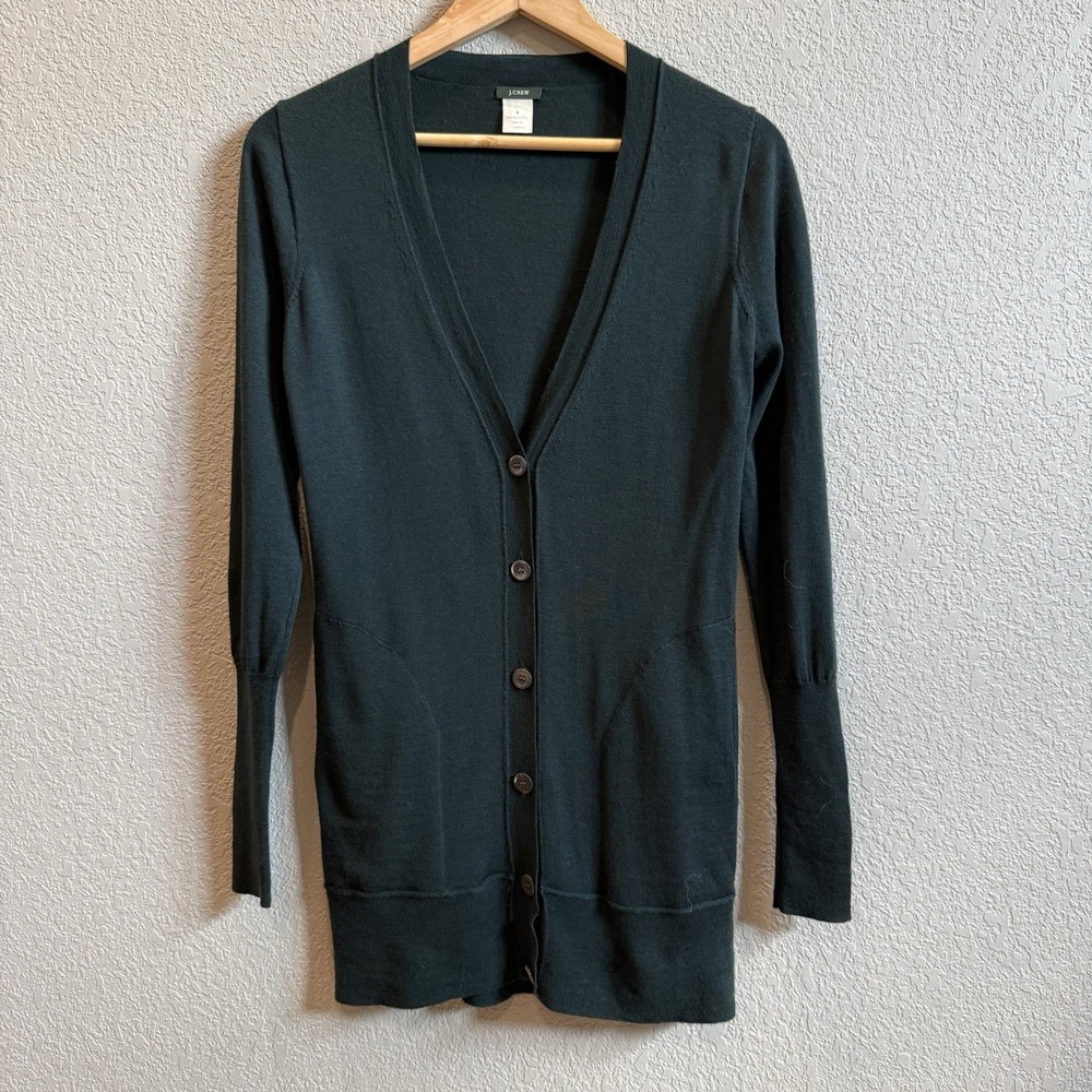 J.CREW Long Line Cardigan V-Neck Y2K Tunic With Pockets XS/S Green